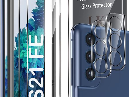 [2+2 Pack] LK Compatible With Samsung Galaxy S21 FE 5G 6.5-inch, 2 Pack Tempered Glass Screen Protector + 2 Pack Camera Lens Protector, Work with Fingerprint Reader, Easy Installation [Not for S20 fe] Supply