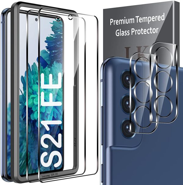 [2+2 Pack] LK Compatible With Samsung Galaxy S21 FE 5G 6.5-inch, 2 Pack Tempered Glass Screen Protector + 2 Pack Camera Lens Protector, Work with Fingerprint Reader, Easy Installation [Not for S20 fe] Supply